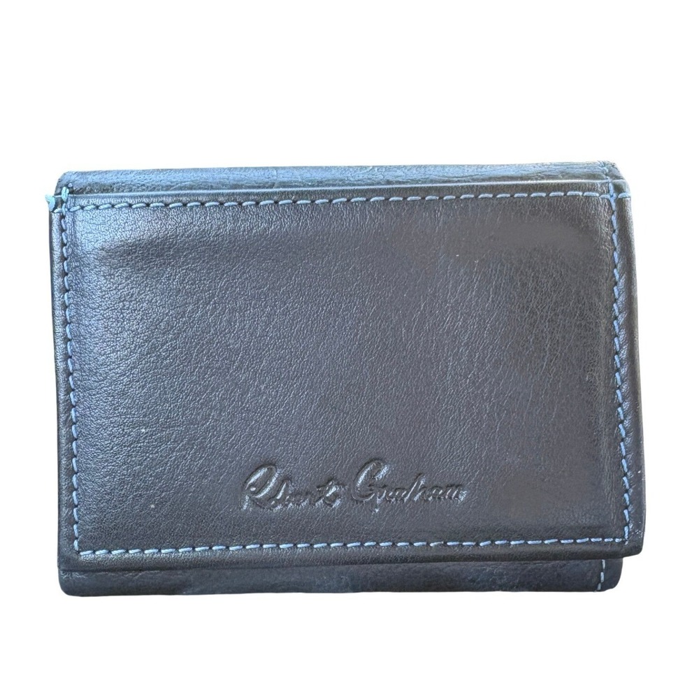 Robert Graham Mens Black Leather Trifold Wallet Blue Paisley Lining Stitching